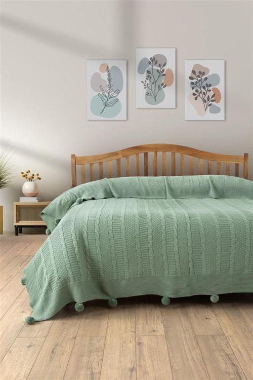 Çift Kişilik Ponponlu Triko Örme Battaniye - Yumuşak Doku & Şık Tasarım - Mint Yeşili - 220X240 Cm