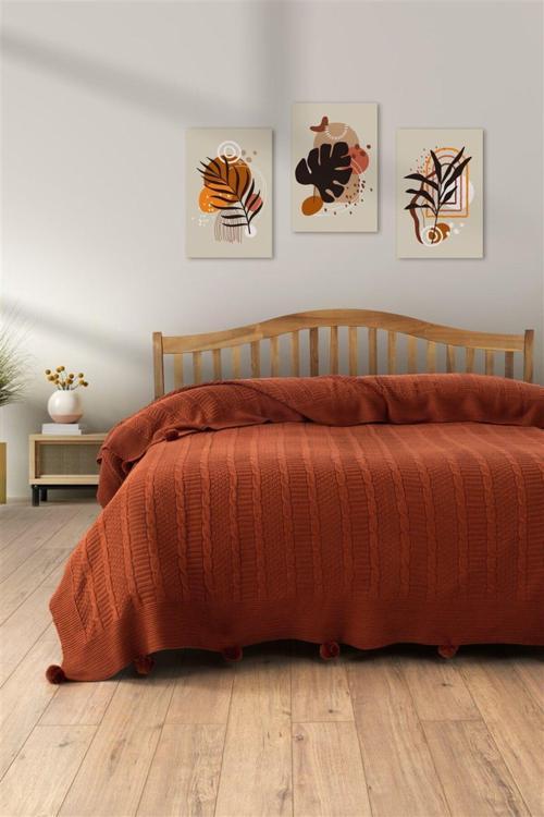 Çift Kişilik Ponponlu Triko Örme Battaniye - Yumuşak Ve Şık Tasarım - Kiremit - Terra - 220X240 Cm