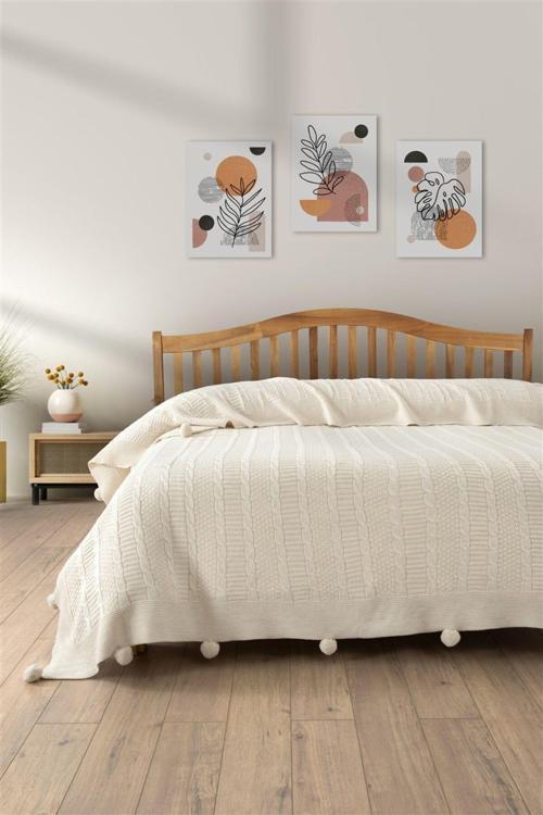 Çift Kişilik Triko Örme Battaniye - Yumuşak Dokulu & Şık Yatak Örtüsü - 220X240 Cm Battaniye - Krem