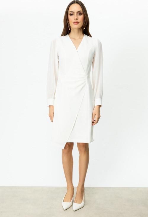 Kadın Kruvaze Yaka Kolları Tül Elbise 5056 Ekru