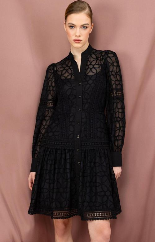 Kadın Çiçek Nakışlı Düğmeli Elbise 5008 Siyah