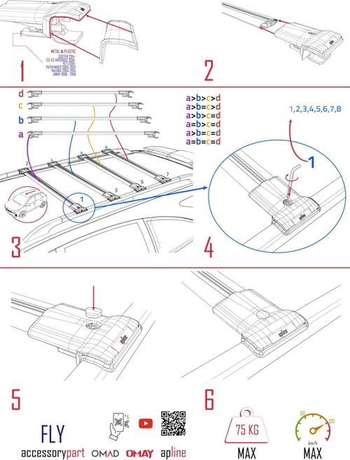 Peugeot Partner Tepee 2008-2018 Arası ile uyumlu FLY Model Ara Atkı Tavan Barı SİYAH 4 ADET BAR