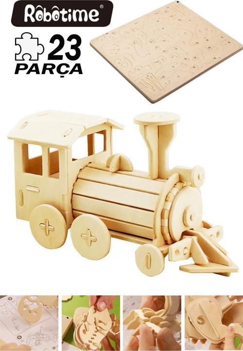 Ahşap 3 Boyutlu Maket Puzzle Lokomotif Tren 23 Parça 170x75x110mm PC396