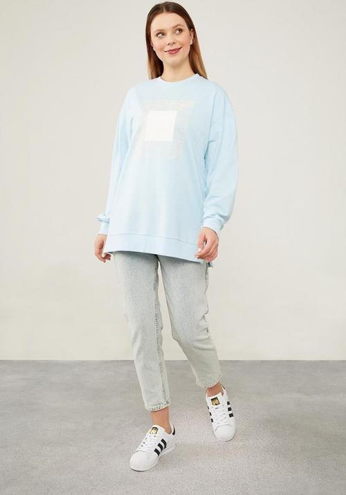 Buz Mavisi Varak Baskılı Sweatshirt