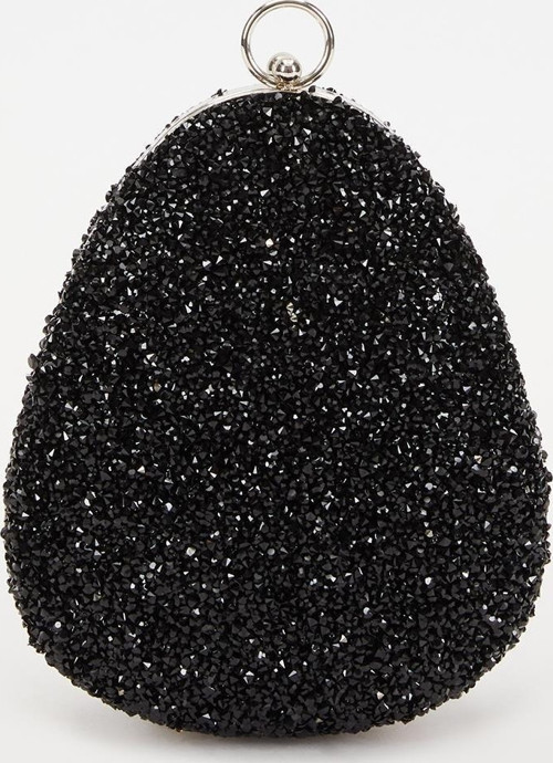 Mini Siyah Oval Taşlı Abiye El Çantası