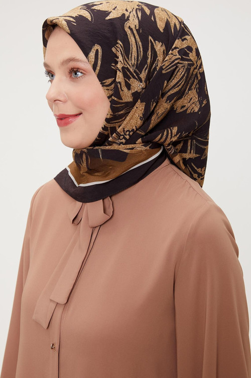 Acı Kahve Çiçek Soyut Desen Modal İpek Eşarp