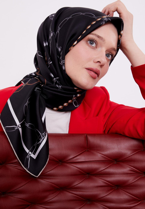 Siyah İnci Desen Twill Ipek Eşarp