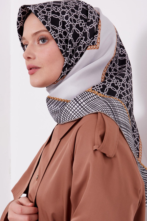 Vizon Geometrik Desen Twill İpek Eşarp