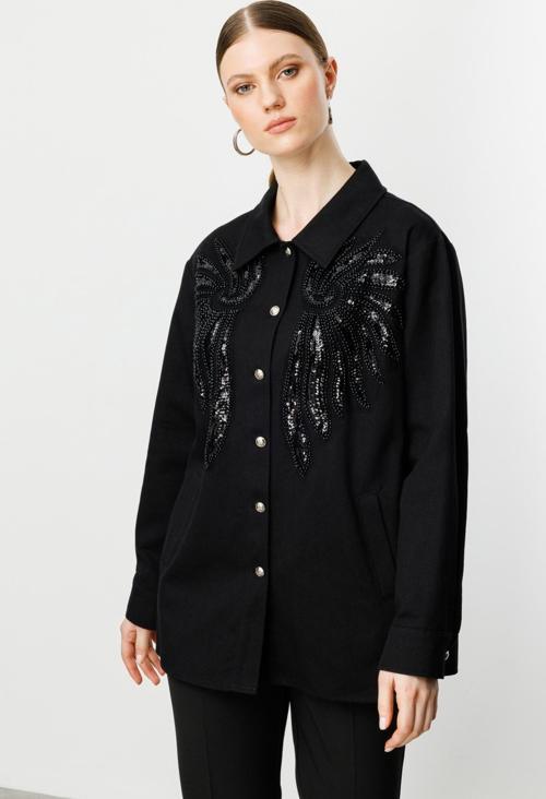 Kadın Büyük Beden Önü Boncuk Nakışlı Mont 6306 Siyah