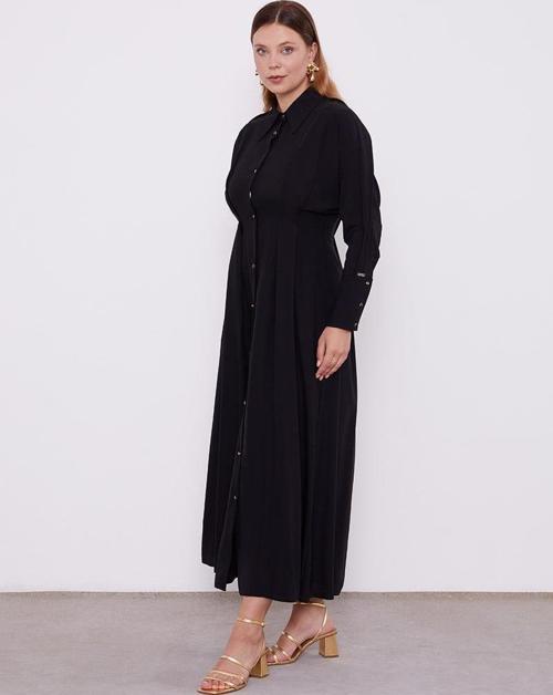 Siyah Gömlek Yaka Belden Oturmalı Elbise