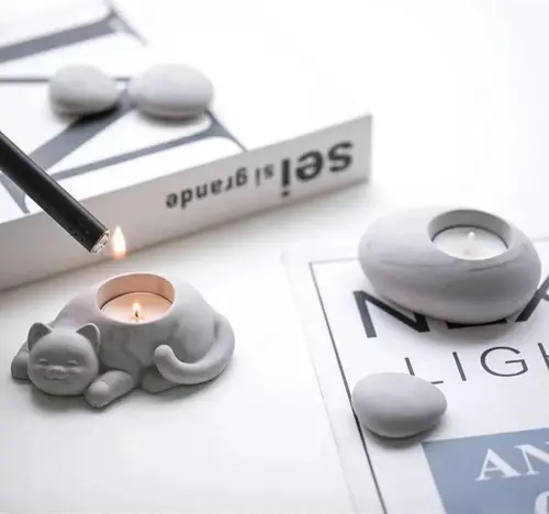 %100 Beton - Kedi Tealight Mumluk - Mum Hediyeli