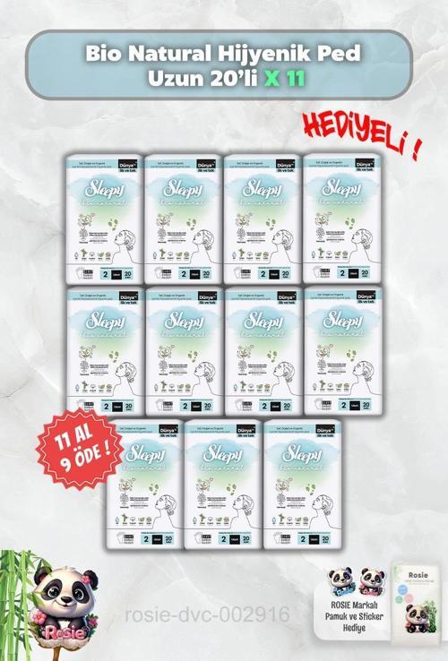 Hijyenik Ped Uzun 20'li Sleepy Bio Natural 11 AL 9 ÖDE ve Rosie