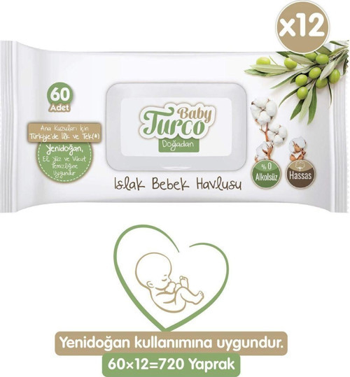 Doğadan Yenidoğan Islak Bebek Havlusu 12x60 Yaprak