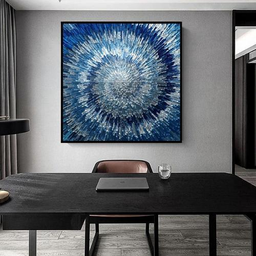 Abstract Blue Yağlı Boya Dokulu Tablo 120X120 Siyah Çerçeveli