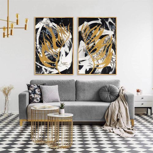Altın Kanat İkili Set  Yağlı Boya Dokulu Tablo 60X90 Siyah Çerçeveli