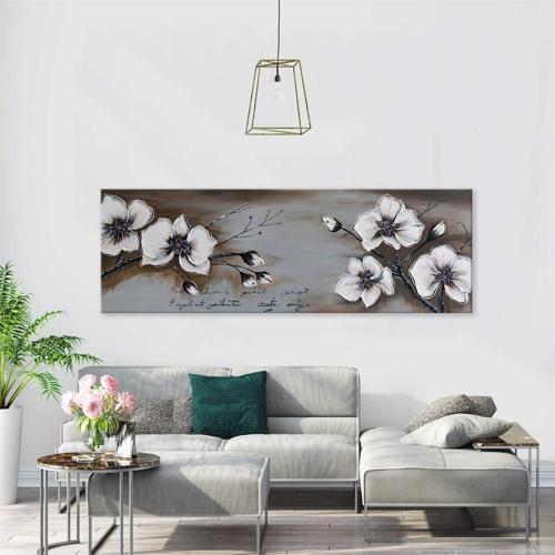 Beyaz Çiçeğin Tomurcukları Yağlı Boya Dokulu Tablo 60X120 Gold Çerçeveli