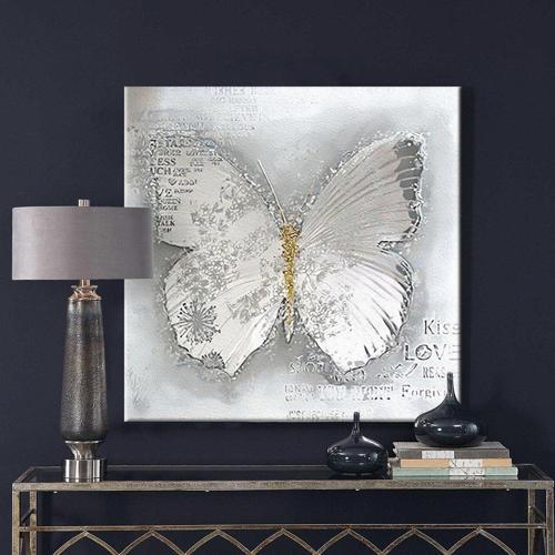 Beyaz Kelebek Yağlı Boya Dokulu Tablo 80X80 Siyah Çerçeveli
