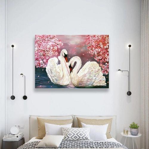 Beyaz Kuğular Yağlı Boya Dokulu Tablo 75X100 Gold Çerçeveli