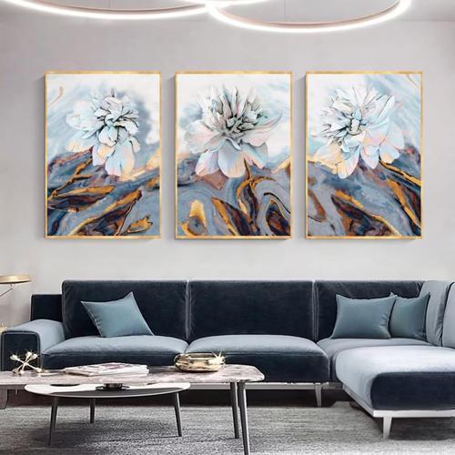 Beyaz Çiçekler Üçlü Set Yağlı Boya Dokulu Tablo 100X150 Gold Çerçeveli
