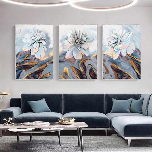 Beyaz Çiçekler Üçlü Set Yağlı Boya Dokulu Tablo 50X70 Gümüş Çerçeveli