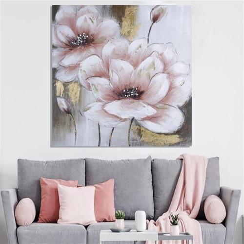 Bahar Çiçekleri Yağlı Boya Dokulu Tablo 120X120 Gold Çerçeveli