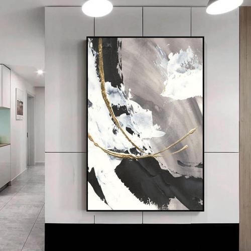 Black Grey Yağlı Boya Dokulu Tablo 90X120 Siyah Çerçeveli