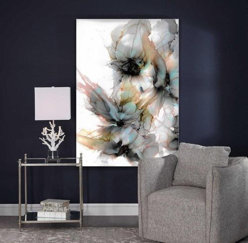 Beyaz Çiçekler Yağlı Boya Dokulu Tablo 60X90 Gümüş Çerçeveli