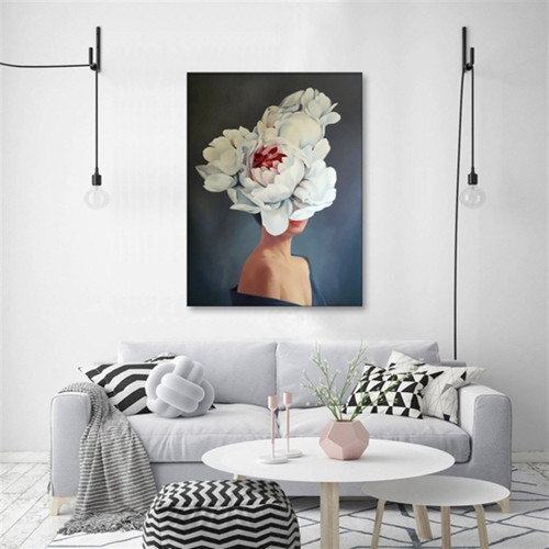 Beyaz Çiçekli Kadın Yağlı Boya Dokulu Tablo 100X150 Gold Çerçeveli