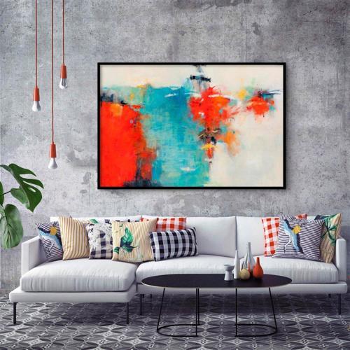 Biraz Kızıl Biraz Mavi Yağlı Boya Dokulu Tablo 100X150 Siyah Çerçeveli