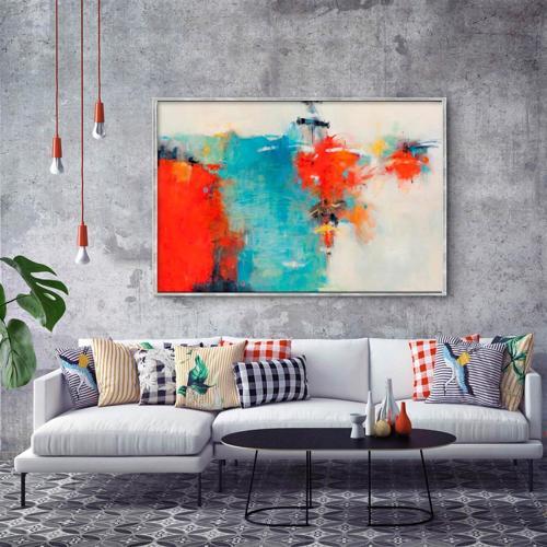 Biraz Kızıl Biraz Mavi Yağlı Boya Dokulu Tablo 60X90 Gümüş Çerçeveli