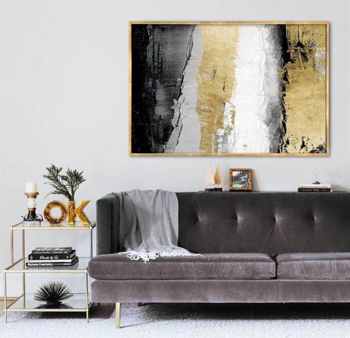 Black White Gold Yağlı Boya Dokulu Tablo 75X100 Gold Çerçeveli
