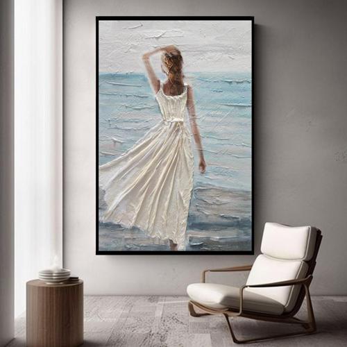 Beyaz Elbiseli Kadın Yağlı Boya Dokulu Tablo 50X70 Siyah Çerçeveli