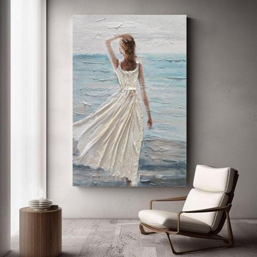 Beyaz Elbiseli Kadın Yağlı Boya Dokulu Tablo 90X120 Çerçevesiz