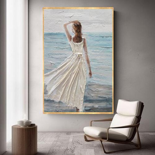 Beyaz Elbiseli Kadın Yağlı Boya Dokulu Tablo 90X120 Gold Çerçeveli