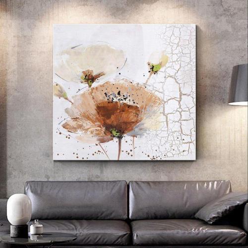 Beyaz Gelincik Çiçeği Yağlı Boya Dokulu Tablo 100X100 Gümüş Çerçeveli