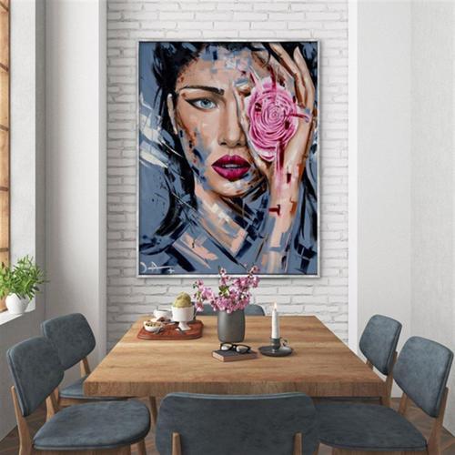 Blue Eyes Pink Rose Yağlı Boya Dokulu Tablo 60X90 Siyah Çerçeveli