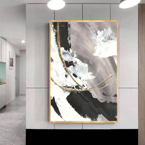 Black Grey Yağlı Boya Dokulu Tablo 100X150 Gold Çerçeveli