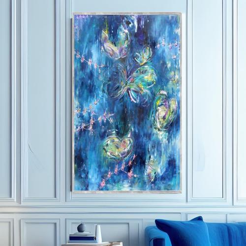 Blue Butterfly Yağlı Boya Dokulu Tablo 50X70 Gümüş Çerçeveli