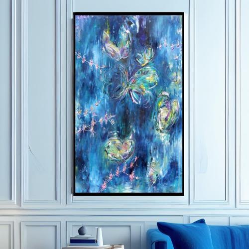 Blue Butterfly Yağlı Boya Dokulu Tablo 75X100 Siyah Çerçeveli