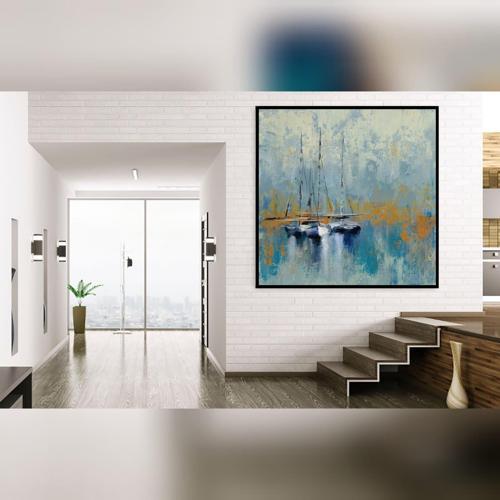 Boats Yağlı Boya Dokulu Tablo 100X100 Siyah Çerçeveli