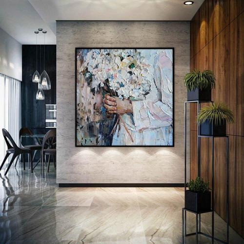 Buket Yağlı Boya Dokulu Tablo 50X50 Gümüş Çerçeveli
