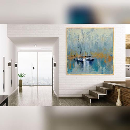 Boats Yağlı Boya Dokulu Tablo 120X120 Gold Çerçeveli