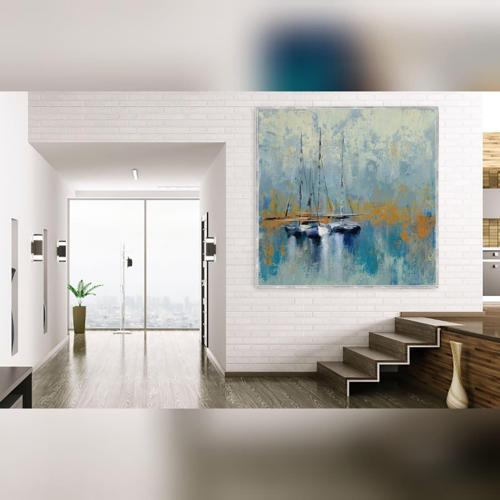 Boats Yağlı Boya Dokulu Tablo 80X80 Gümüş Çerçeveli
