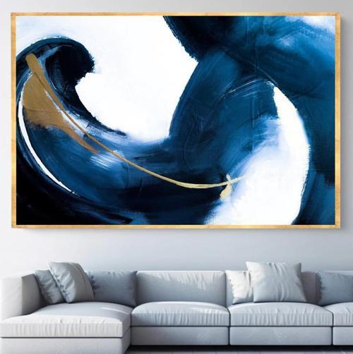Blue Liquid Yağlı Boya Dokulu Tablo 120X120 Gold Çerçeveli
