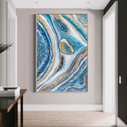 Blue Sparkle Yağlı Boya Dokulu Tablo 60X90 Gümüş Çerçeveli