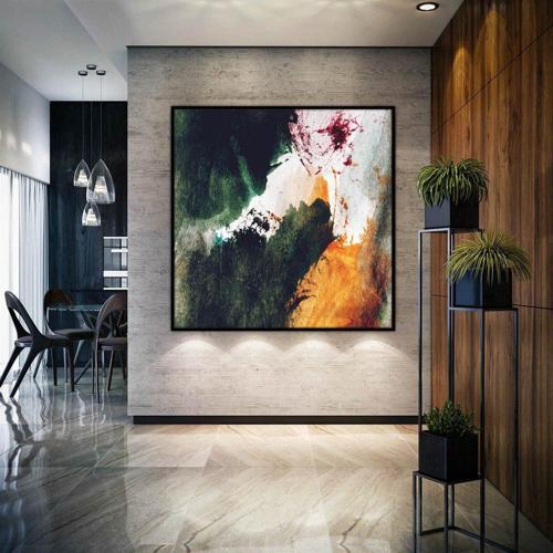 Dark Green Yağlı Boya Dokulu Tablo 80X80 Siyah Çerçeveli