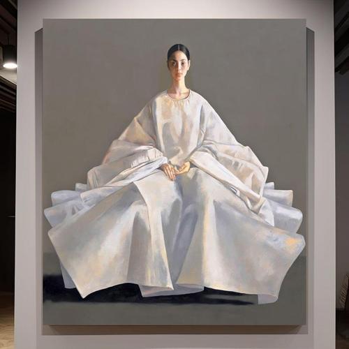 Duvarın Önündeki Kadın Yağlı Boya Dokulu Tablo 100X100 Çerçevesiz