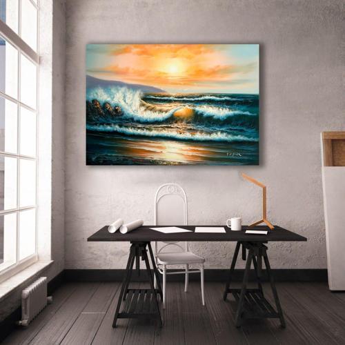 Denizde Gün Batımı Yağlı Boya Dokulu Tablo 50X70 Gümüş Çerçeveli