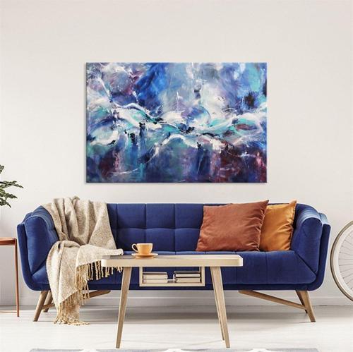 Derin Mavi Yağlı Boya Dokulu Tablo 60X90 Siyah Çerçeveli