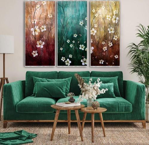 Çiçek Üçlü Set Yağlı Boya Dokulu Tablo 60X90 Gümüş Çerçeveli